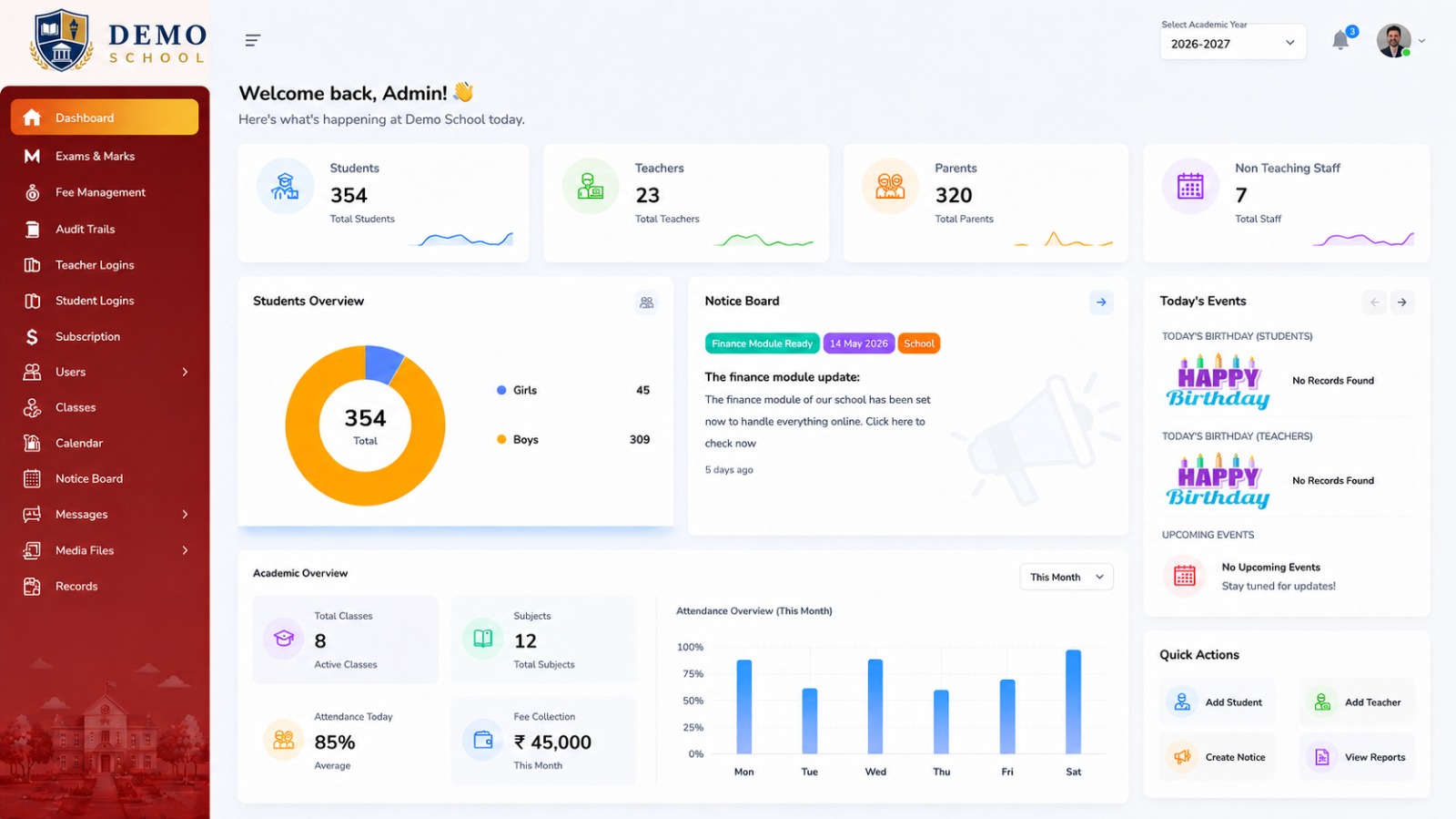 SoftX School ERP dashboard inside laptop mockup